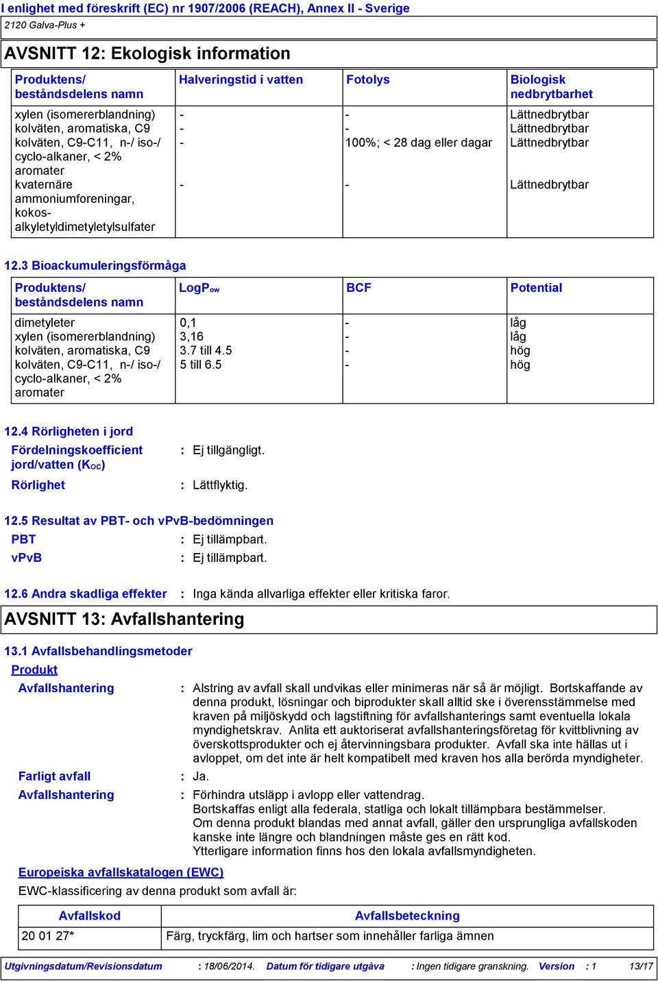 3 Bioackumuleringsförmåga LogPow BCF Potential dimetyleter 0,1 - låg xylen (isomererblandning) 3,16 - låg kolväten, aromatiska, C9 3.7 till 4.
