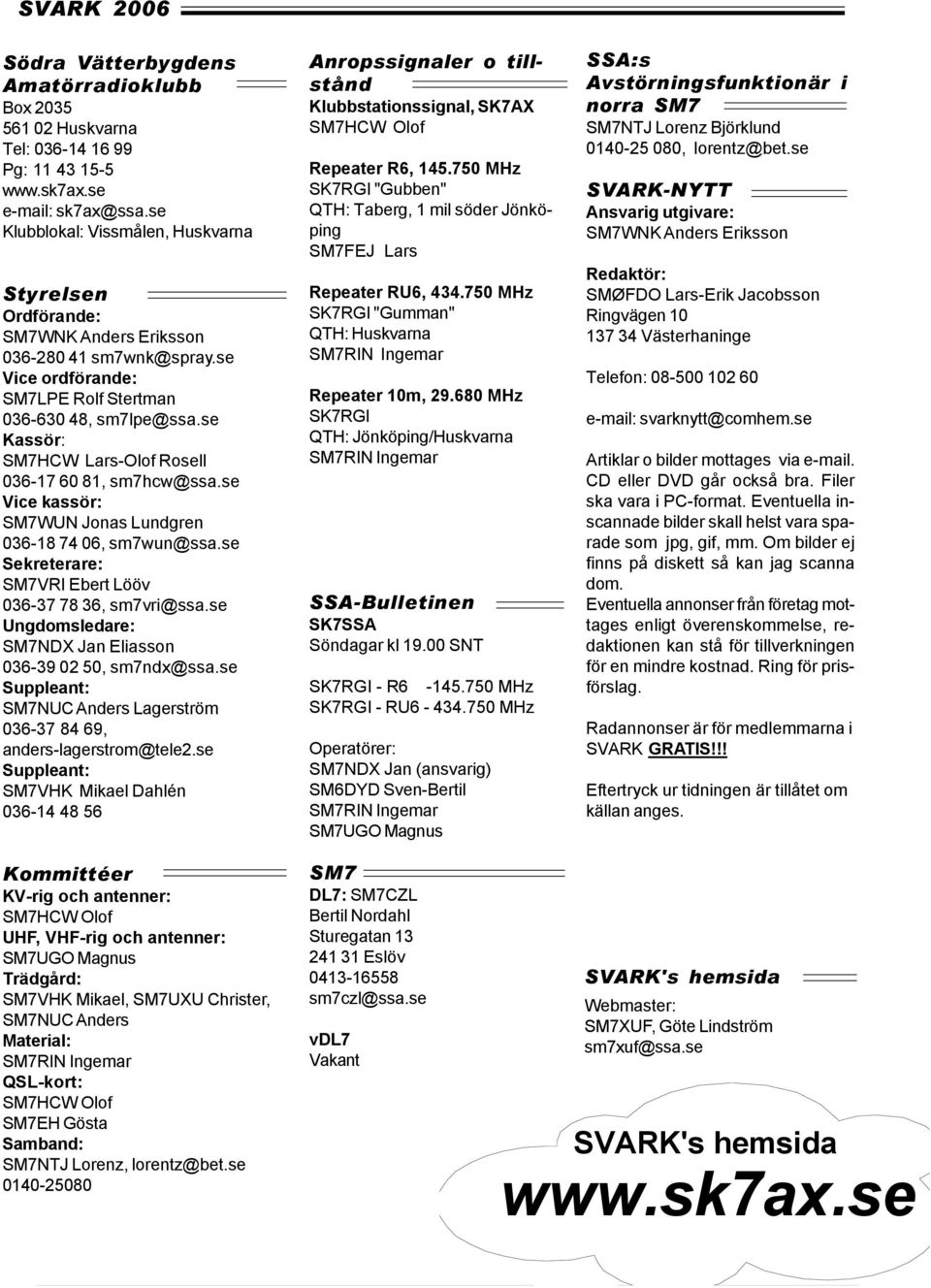 se Kassör: SM7HCW Lars-Olof Rosell 036-17 60 81, sm7hcw@ssa.se Vice kassör: SM7WUN Jonas Lundgren 036-18 74 06, sm7wun@ssa.se Sekreterare: SM7VRI Ebert Lööv 036-37 78 36, sm7vri@ssa.