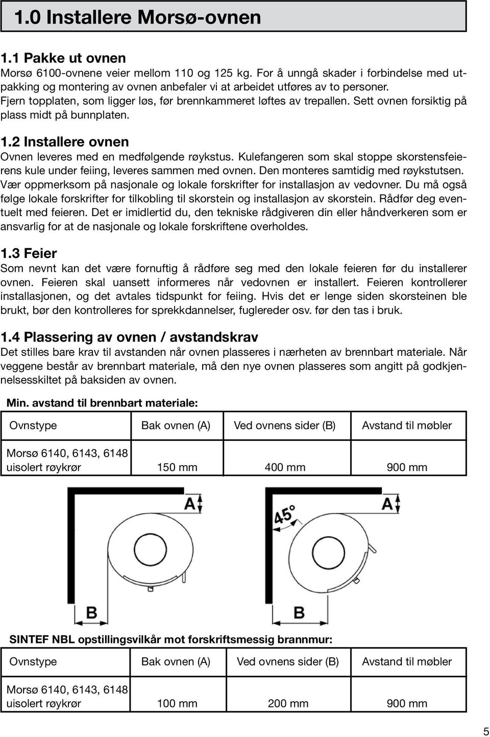 Sett ovnen forsiktig på plass midt på bunnplaten. 1.2 Installere ovnen Ovnen leveres med en medfølgende røykstus.