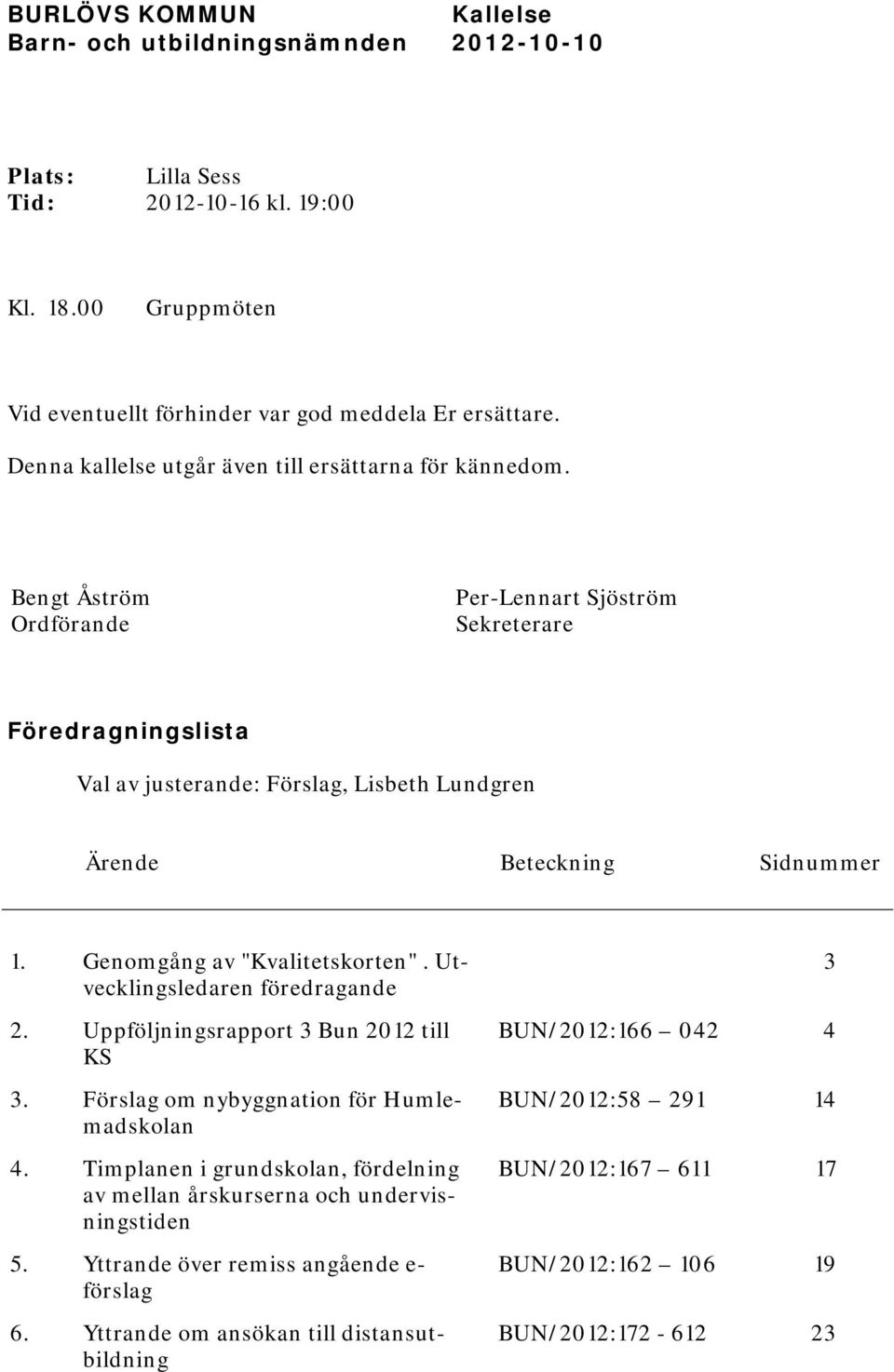 Bengt Åström Ordförande Per-Lennart Sjöström Sekreterare Föredragningslista Val av justerande: Förslag, Lisbeth Lundgren Ärende Beteckning Sidnummer 1. Genomgång av "Kvalitetskorten".