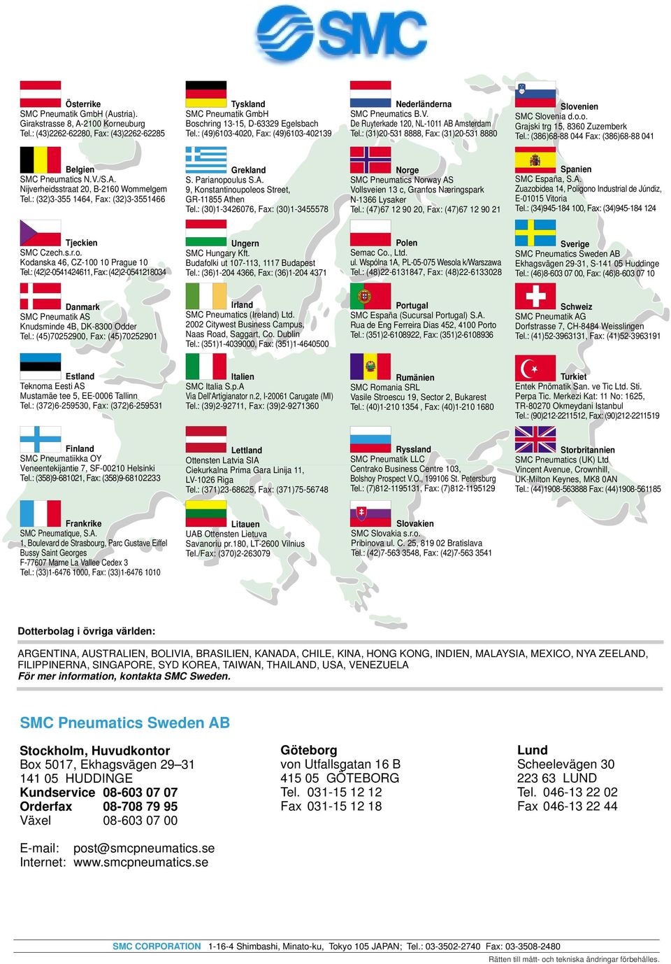 De Ruyterkade 120, NL-1011 AB Amsterdam Tel.: (31)20-531 8888, Fax: (31)20-531 8880 Slovenien SMC Slovenia d.o.o. Grajski trg 15, 8360 Zuzemberk Tel.