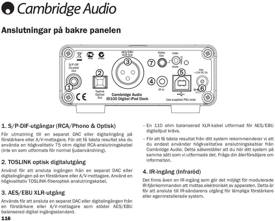 TOSLINK optisk digitalutgång Använd för att ansluta ingången från en separat DAC eller digitalingången på en förstärkare eller A/V-mottagare.