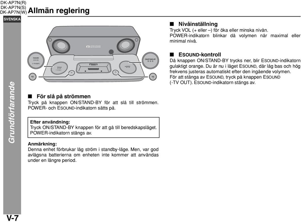POWER- och ESOUND-indikatorn sätts på. Efter användning: Tryck ON/STAND-BY knappen för att gå till beredskapsläget. POWER-indikatorn stängs av.