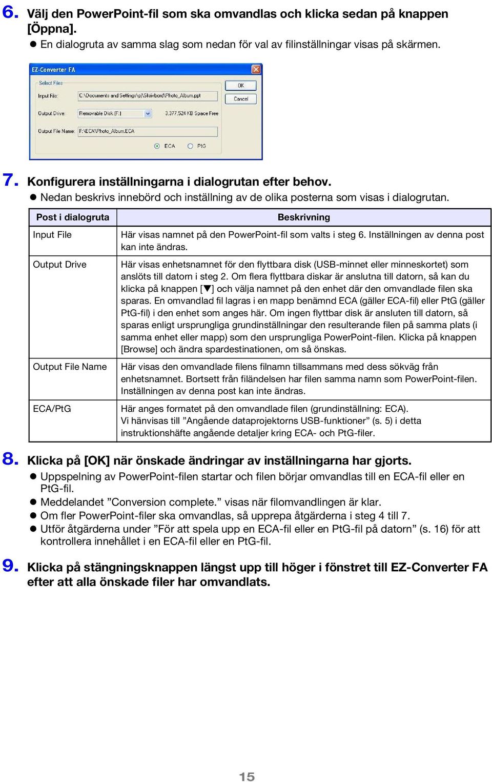 Post i dialogruta Input File Output Drive Output File Name ECA/PtG Beskrivning Här visas namnet på den PowerPoint-fil som valts i steg 6. Inställningen av denna post kan inte ändras.