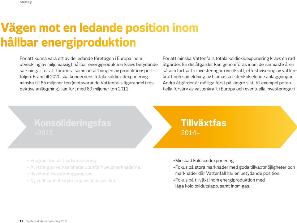 Fram till 2020 ska koncernens totala koldioxidexponering minska till 65 miljoner ton (motsvarande Vattenfalls ägarandel i respektive anläggning), jämfört med 89 miljoner ton 2011.