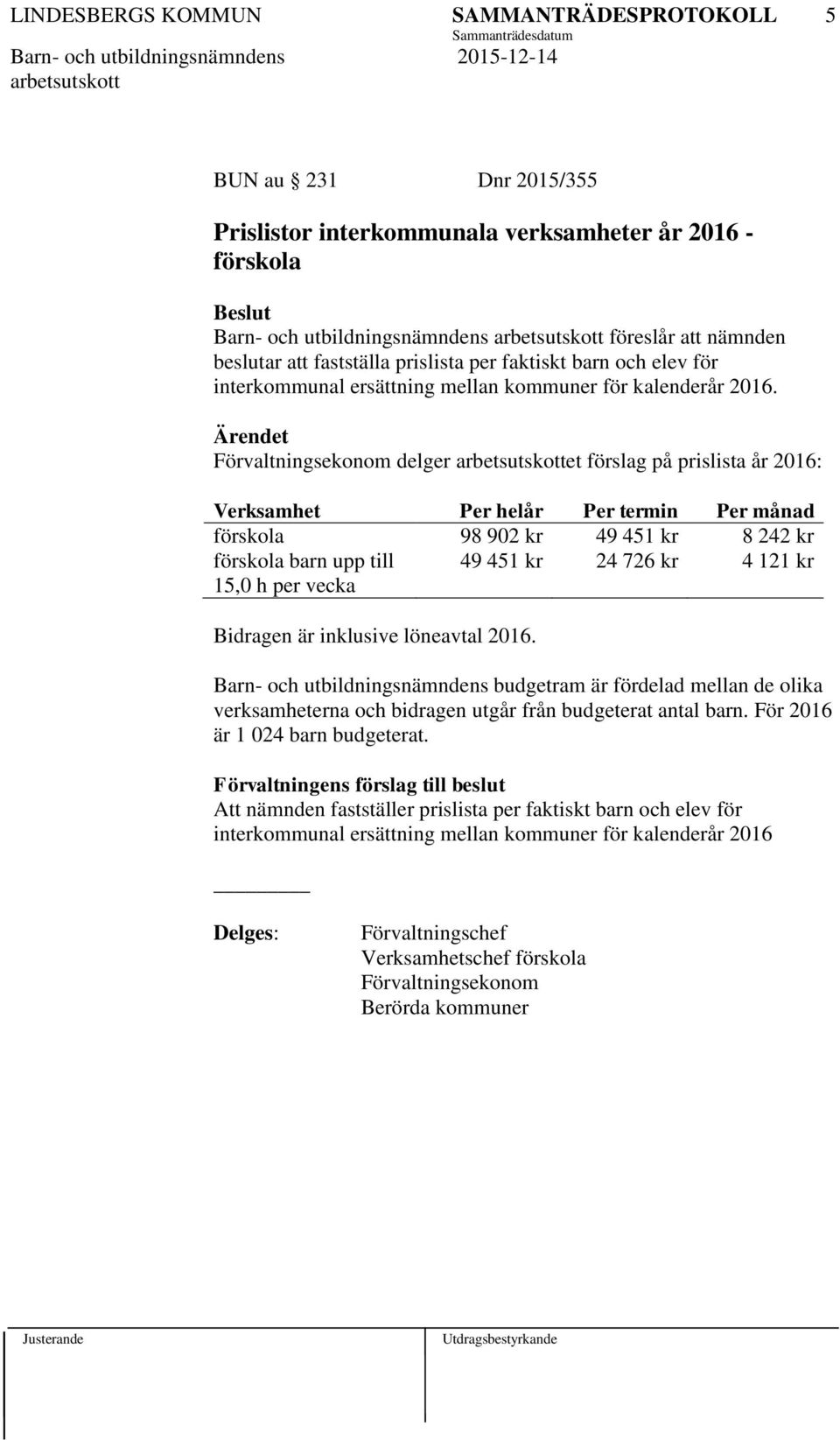 delger et förslag på prislista år 2016: Verksamhet Per helår Per termin Per månad förskola 98 902 kr 49 451 kr 8 242 kr förskola barn upp till 15,0 h per vecka 49 451 kr 24 726 kr 4 121 kr Bidragen