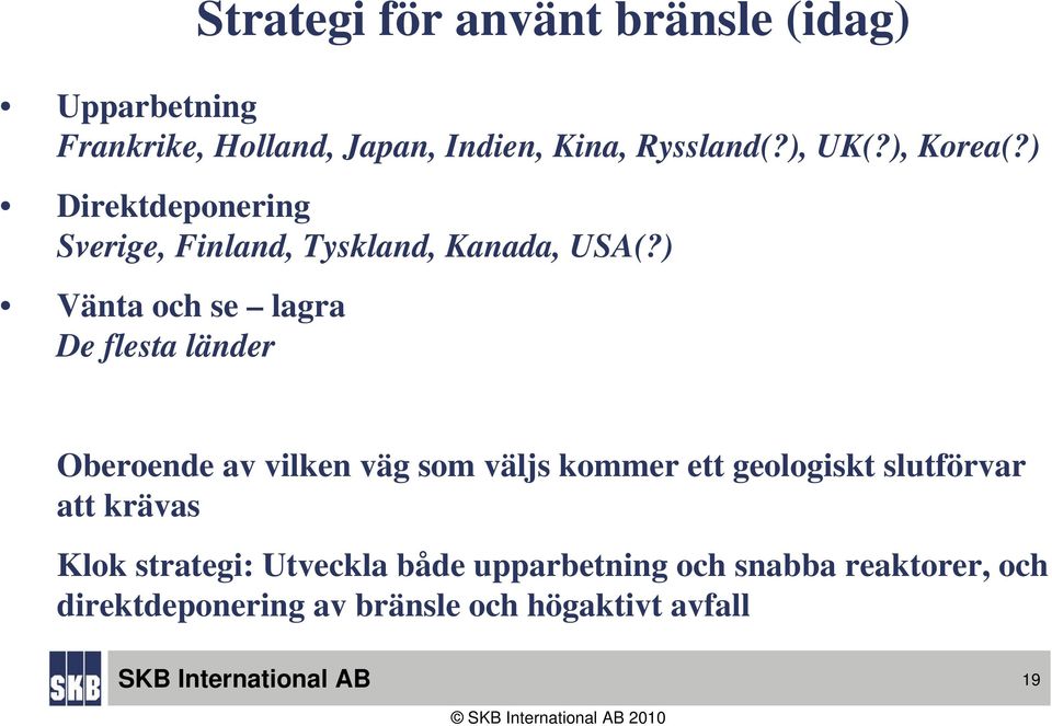 ) Vänta och se lagra De flesta länder Oberoende av vilken väg som väljs kommer ett geologiskt