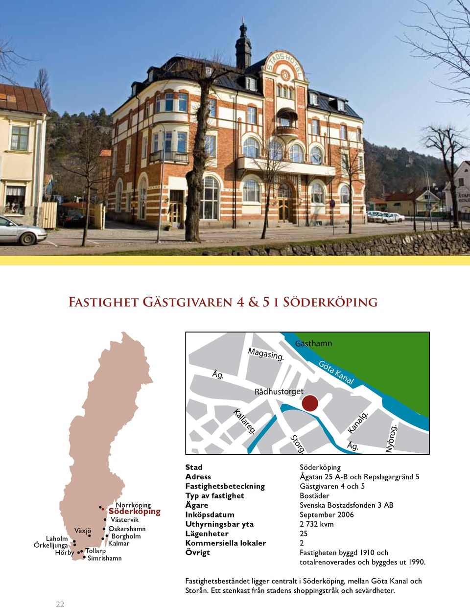 Gästgivaren 4 och 5 Typ av fastighet Bostäder Ägare Svenska Bostadsfonden 3 AB Inköpsdatum September 2006 Uthyrningsbar yta 2 732 kvm Lägenheter 25 Kommersiella