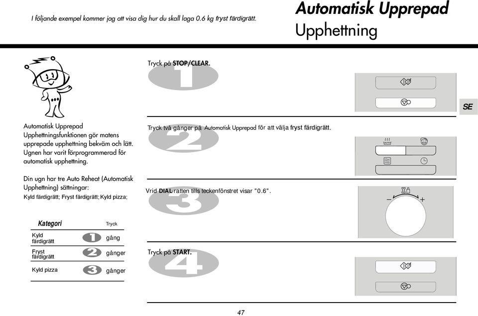 Din ugn har tre Auto Reheat (Automatisk Upphettning) sättningar: Kyld färdigrätt; Fryst färdigrätt; Kyld pizza; Vrid DIAL-ratten tills teckenfönstret