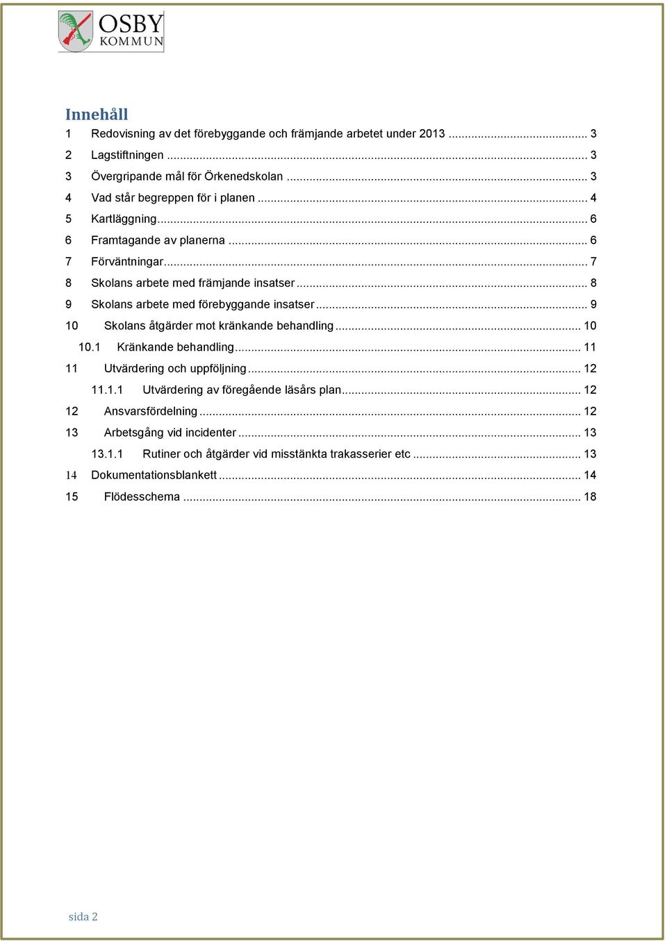 .. 9 10 Skolans åtgärder mot kränkande behandling... 10 10.1 Kränkande behandling... 11 11 Utvärdering och uppföljning... 12 11.1.1 Utvärdering av föregående läsårs plan.