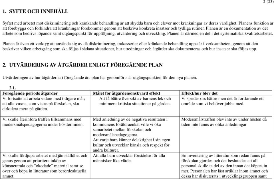 Planen är en dokumentation av det arbete som bedrivs löpande samt utgångspunkt för uppföljning, utvärdering och utveckling. Planen är därmed en del i det systematiska kvalitetsarbetet.