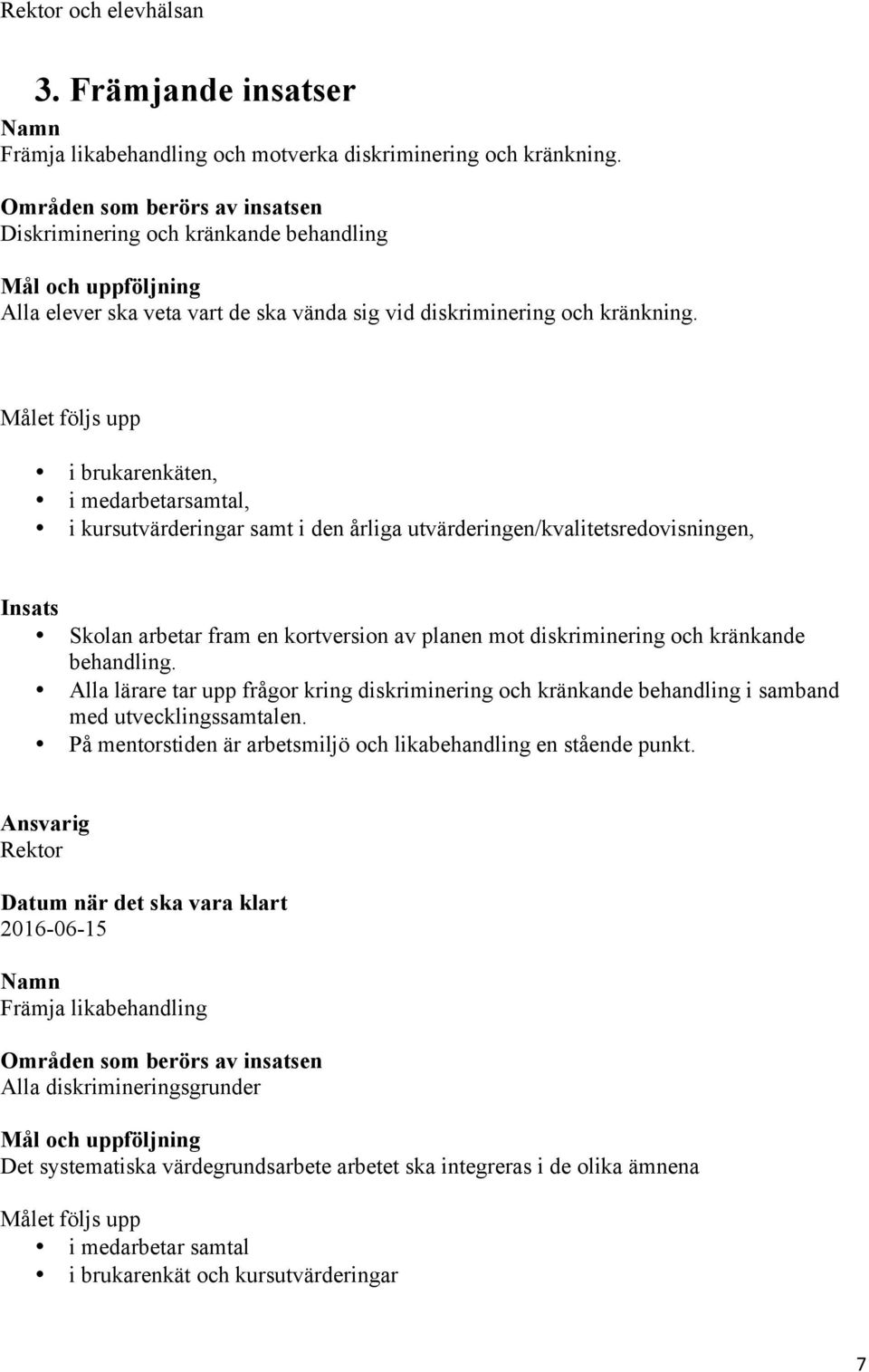 Målet följs upp i brukarenkäten, i medarbetarsamtal, i kursutvärderingar samt i den årliga utvärderingen/kvalitetsredovisningen, Insats Skolan arbetar fram en kortversion av planen mot diskriminering