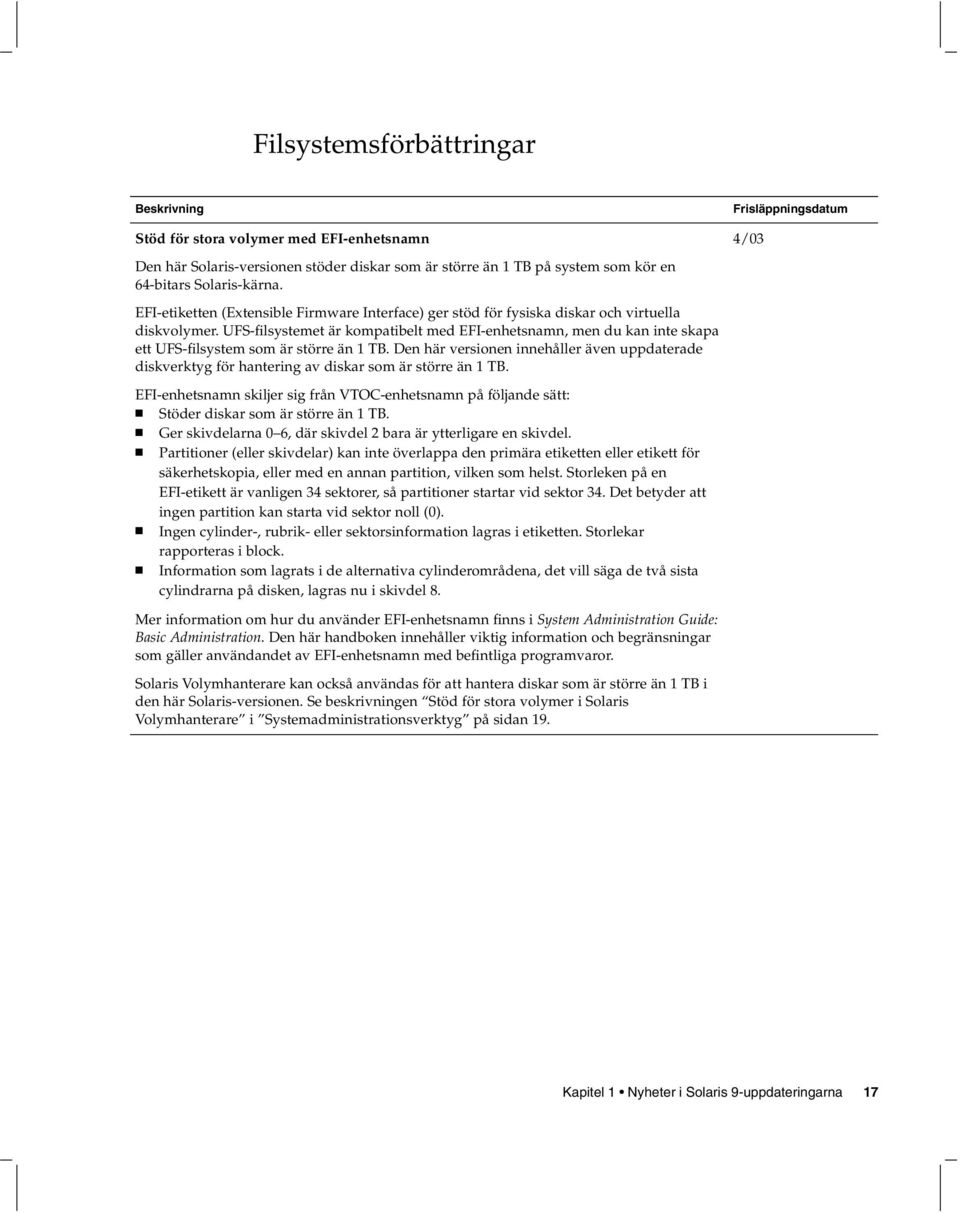 UFS-filsystemet är kompatibelt med EFI-enhetsnamn, men du kan inte skapa ett UFS-filsystem som är större än 1 TB.