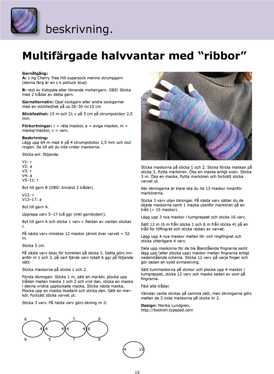 Förkortningar: r = räta maskor, a = aviga maskor, m = maska/maskor, v = varv. Beskrivning: Lägg upp 64 m med A på 4 strumpstickor 2,5 mm och slut ringen. Se till att du inte vrider maskorna.