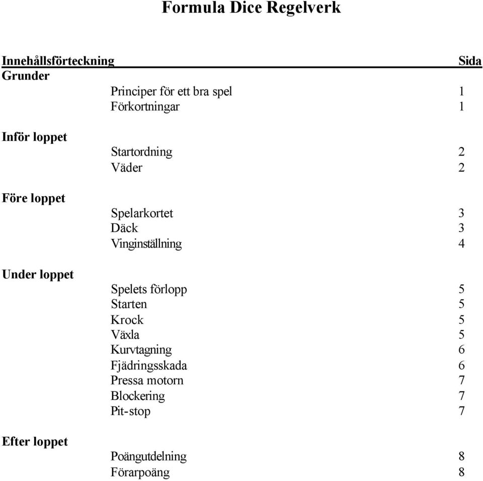 Spelarkortet 3 Däck 3 Vinginställning 4 Spelets förlopp 5 Starten 5 Krock 5 Växla 5