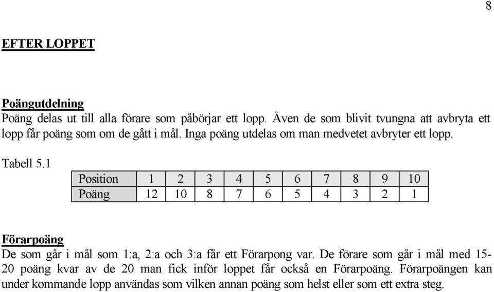 Tabell 5.1 Position 1 2 3 4 5 6 7 8 9 10 Poäng 12 10 8 7 6 5 4 3 2 1 Förarpoäng De som går i mål som 1:a, 2:a och 3:a får ett Förarpong var.