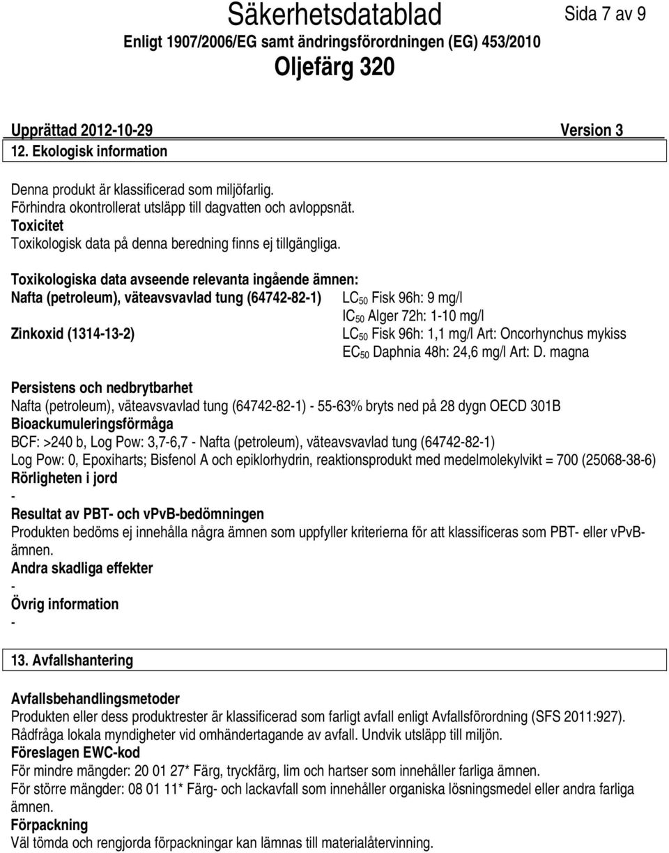 Toxikologiska data avseende relevanta ingående ämnen: Nafta (petroleum), väteavsvavlad tung (64742821) LC 50 Fisk 96h: 9 mg/l IC 50 Alger 72h: 110 mg/l Zinkoxid (1314132) LC 50 Fisk 96h: 1,1 mg/l