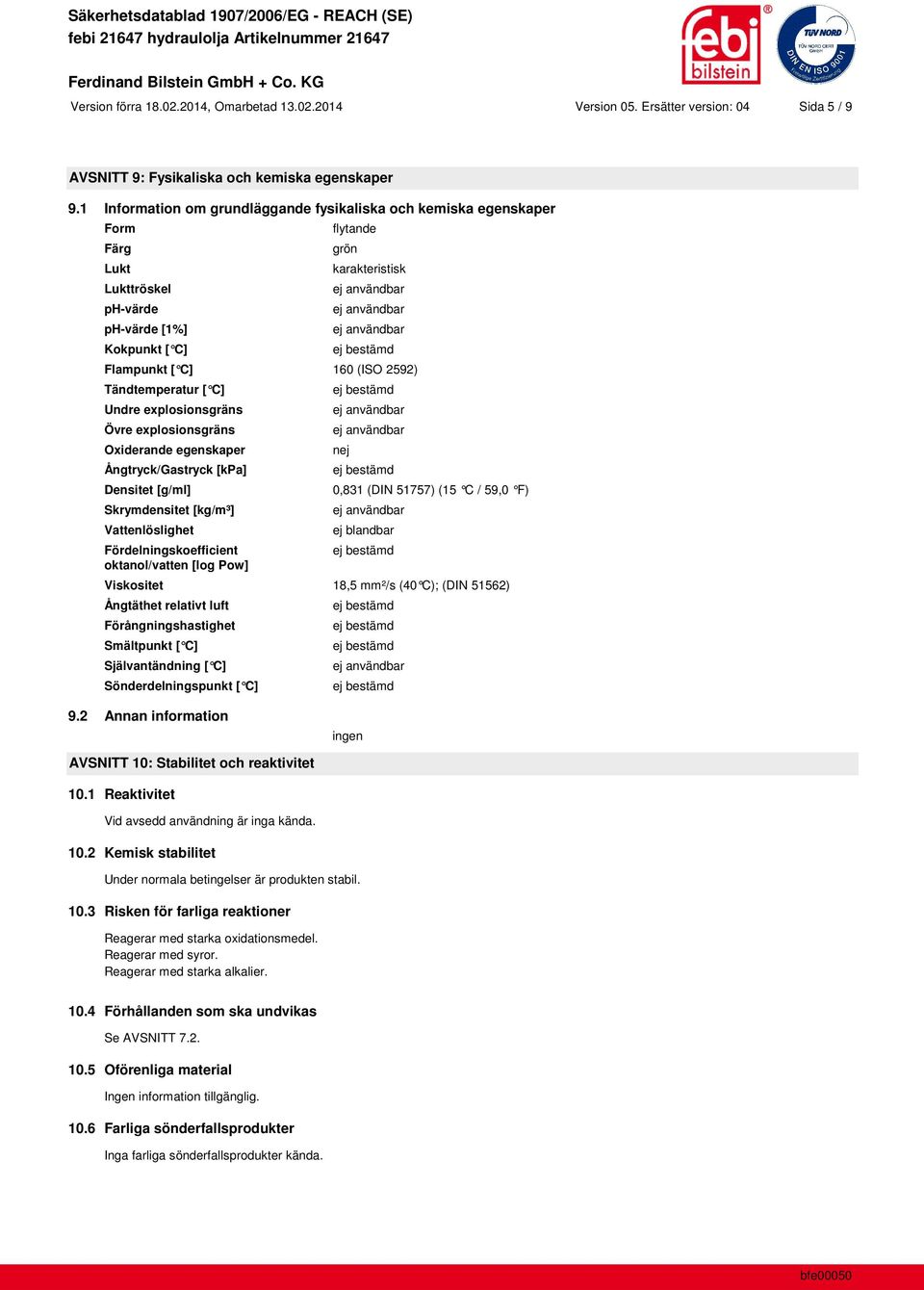 Tändtemperatur [ C] Undre explosionsgräns Övre explosionsgräns Oxiderande egenskaper Ångtryck/Gastryck [kpa] Densitet [g/ml] Skrymdensitet [kg/m³] Vattenlöslighet Fördelningskoefficient