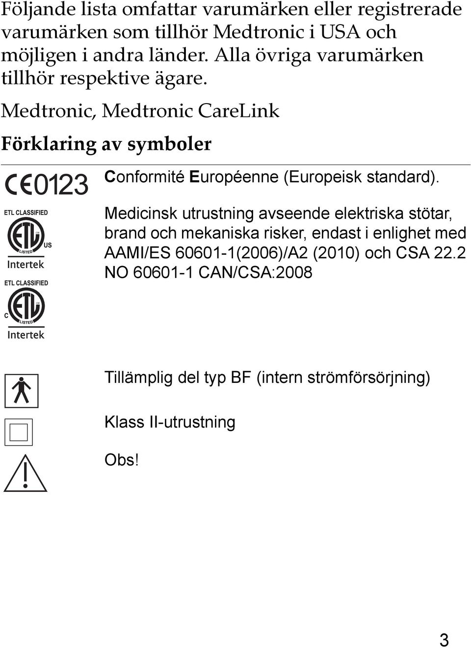 Medtronic, Medtronic CareLink Förklaring av symboler Conformité Européenne (Europeisk standard).