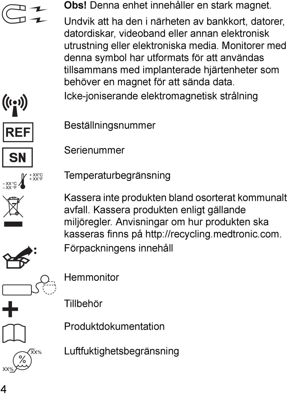 Monitorer med denna symbol har utformats för att användas tillsammans med implanterade hjärtenheter som behöver en magnet för att sända data.