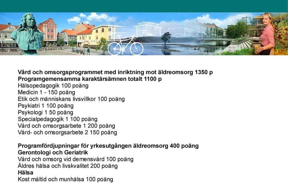 Vård och omsorgsarbete 1 200 poäng Vård- och omsorgsarbete 2 150 poäng Programfördjupningar för yrkesutgången äldreomsorg 400 poäng