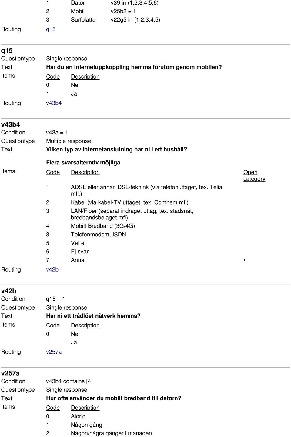 Flera svarsalterntiv möjliga Open category 1 ADSL eller annan DSL-teknink (via telefonuttaget, tex. Telia mfl.) 2 Kabel (via kabel-tv uttaget, tex.