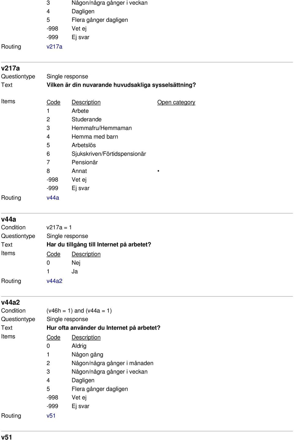 Sjukskriven/Förtidspensionär 7 Pensionär 8 Annat v44a v44a Condition v217a = 1 Har du tillgång till