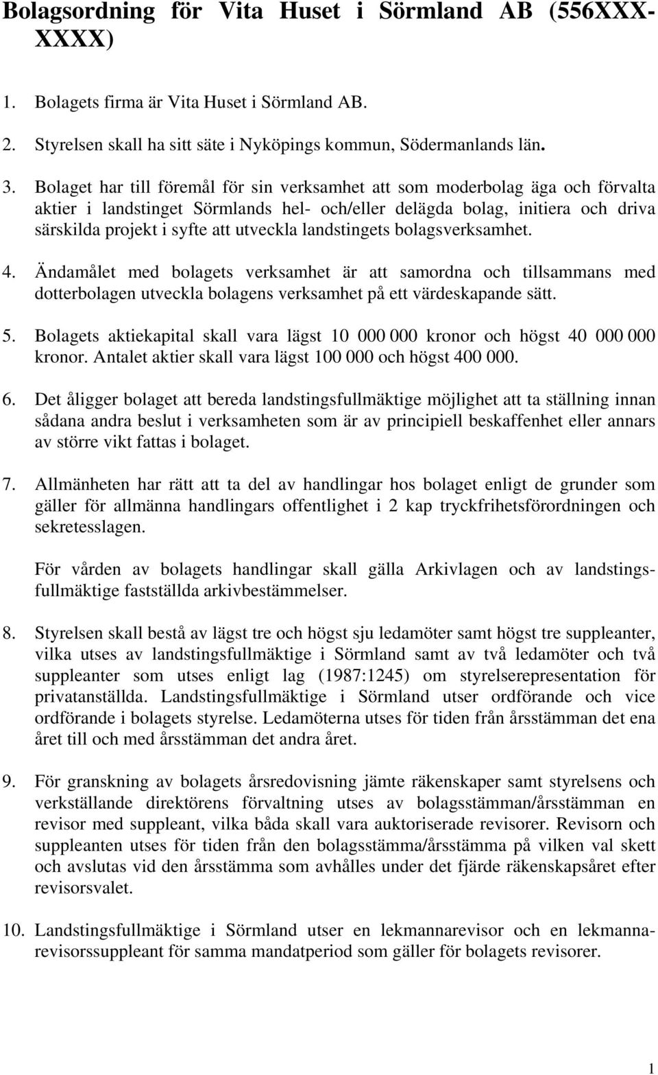 landstingets bolagsverksamhet. 4. Ändamålet med bolagets verksamhet är att samordna och tillsammans med dotterbolagen utveckla bolagens verksamhet på ett värdeskapande sätt. 5.