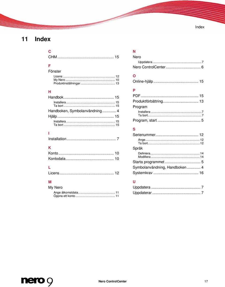 ..7 Nero ControlCenter... 6 O Online-hjälp... 15 P PDF... 15 Produktförbättring... 13 Program Installera...7 Ta bort...7 Program, start... 5 S Serienummer... 12 Ange.