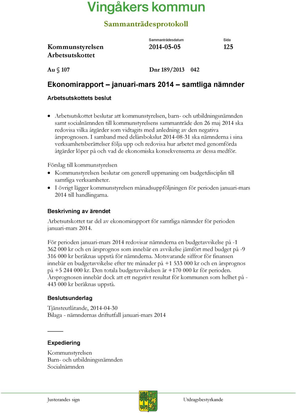 I samband med delårsbokslut 2014-08-31 ska nämnderna i sina verksamhetsberättelser följa upp och redovisa hur arbetet med genomförda åtgärder löper på och vad de ekonomiska konsekvenserna av dessa