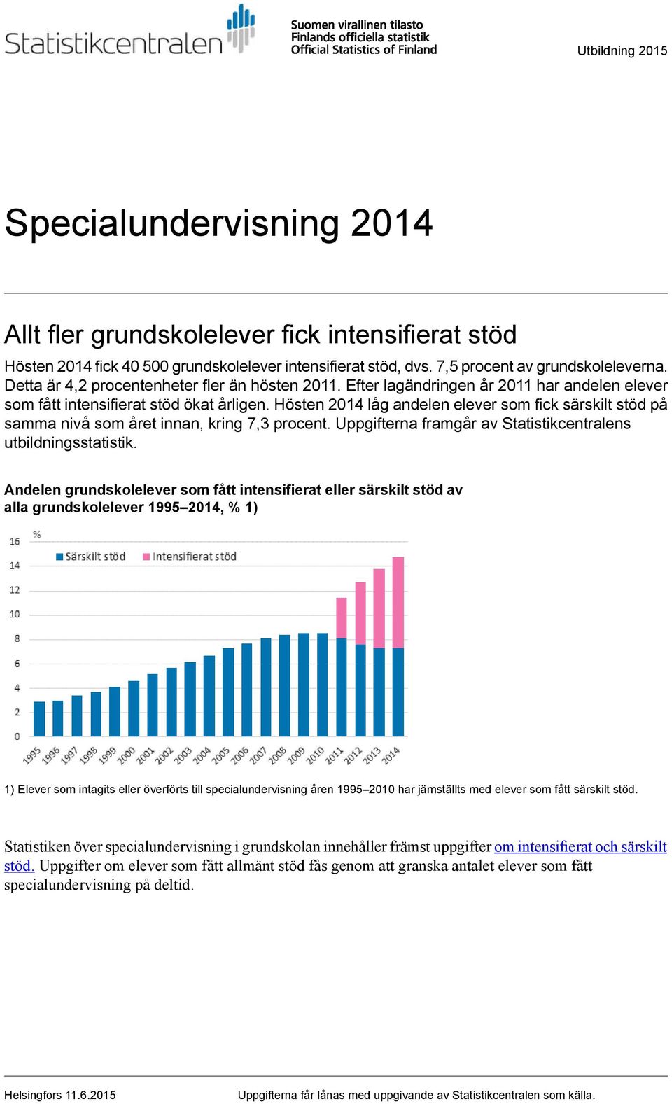 Hösten 2014 låg andelen elever som fck särsklt stöd på samma nvå som året nnan, krng procent. Uppgfterna framgår av Statstkcentralens utbldnngsstatstk.