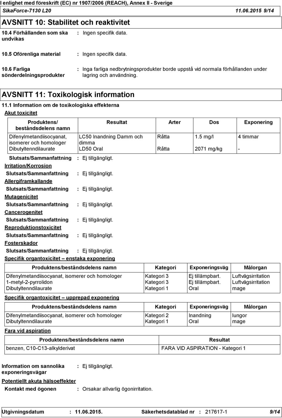 1 Information om de toxikologiska effekterna Akut toxicitet Produktens/ beståndsdelens namn Resultat Arter Dos Exponering Difenylmetandiisocyanat, LC50 Inandning Damm och Råtta 1.