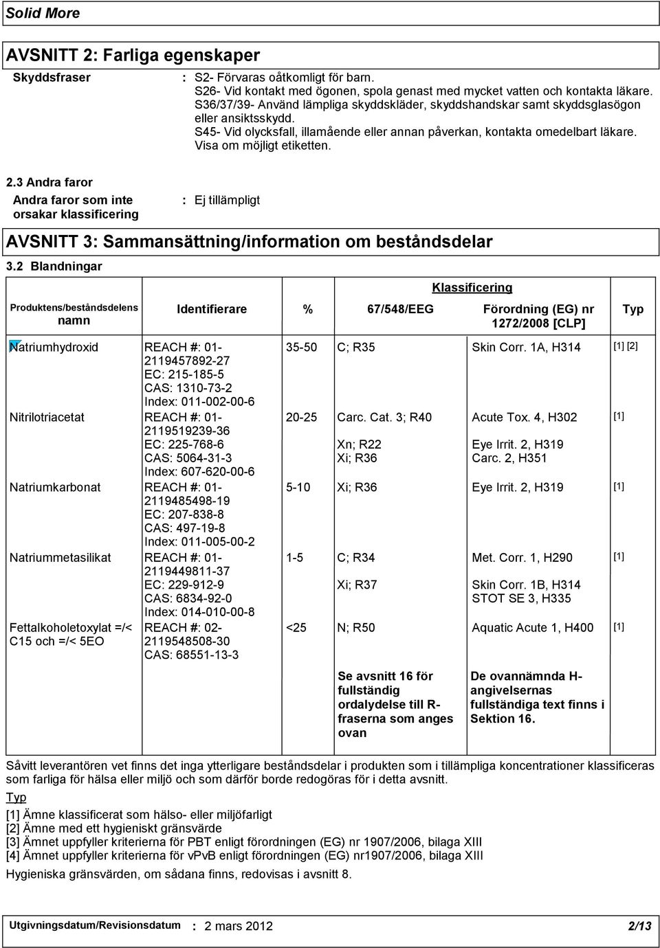 Visa om möjligt etiketten. 2.3 Andra faror Andra faror som inte orsakar klassificering Ej tillämpligt AVSNITT 3 Sammansättning/information om beståndsdelar 3.