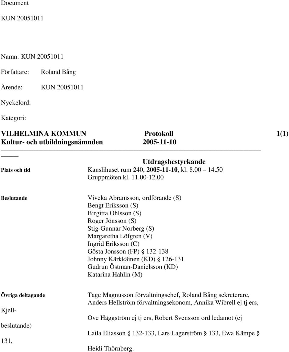 00 Beslutande Viveka Abramsson, ordförande (S) Bengt Eriksson (S) Birgitta Ohlsson (S) Roger Jönsson (S) Stig-Gunnar Norberg (S) Margaretha Löfgren (V) Ingrid Eriksson (C) Gösta Jonsson (FP) 132-138