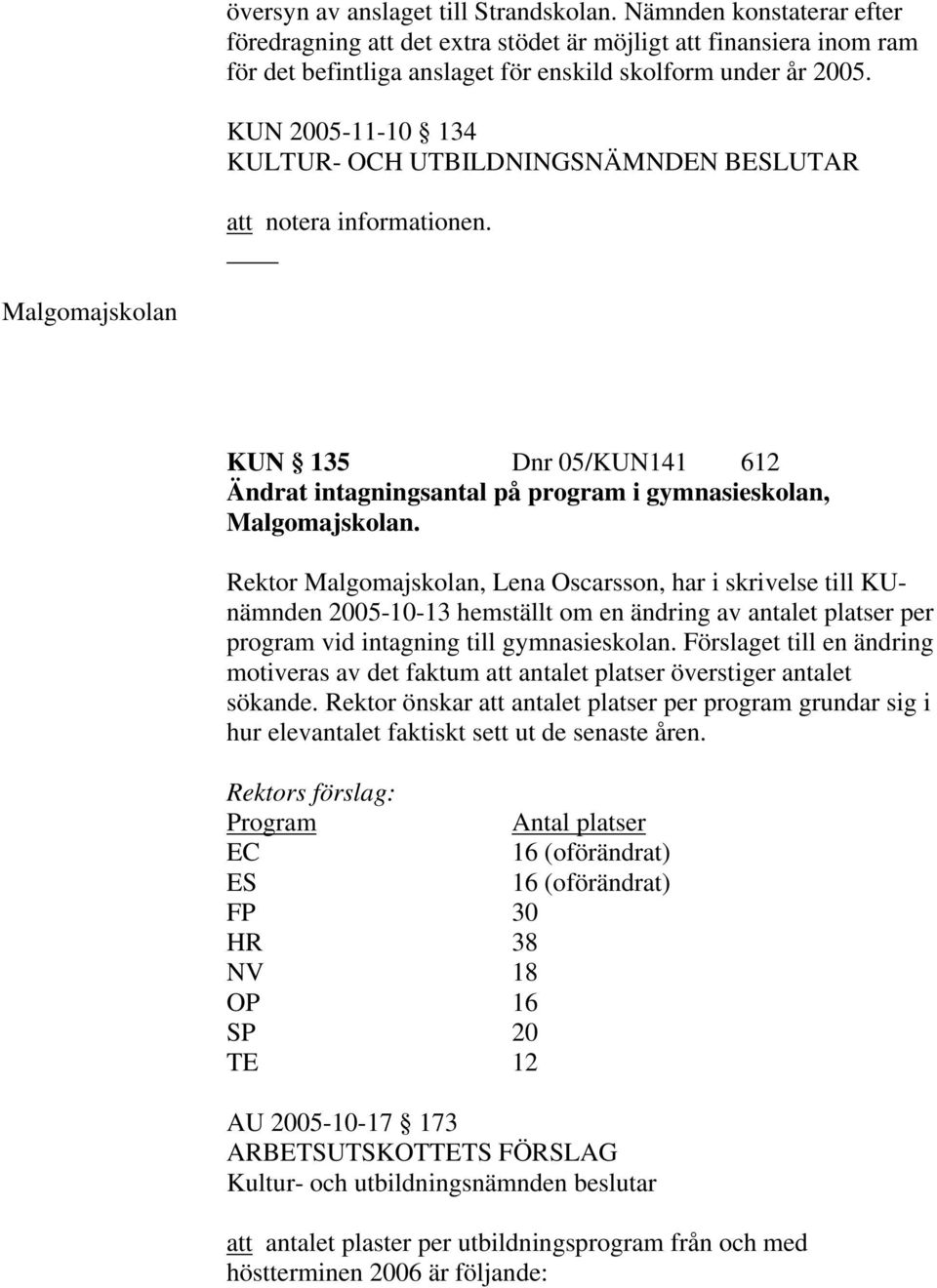 Rektor Malgomajskolan, Lena Oscarsson, har i skrivelse till KUnämnden 2005-10-13 hemställt om en ändring av antalet platser per program vid intagning till gymnasieskolan.