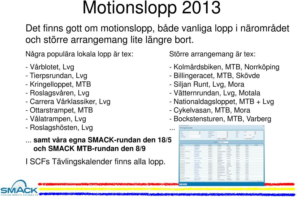 Kringelloppet, MTB - Siljan Runt, Lvg, Mora - Roslagsvåren, Lvg - Vätternrundan, Lvg, Motala - Carrera Vårklassiker, Lvg - Nationaldagsloppet, MTB + Lvg -