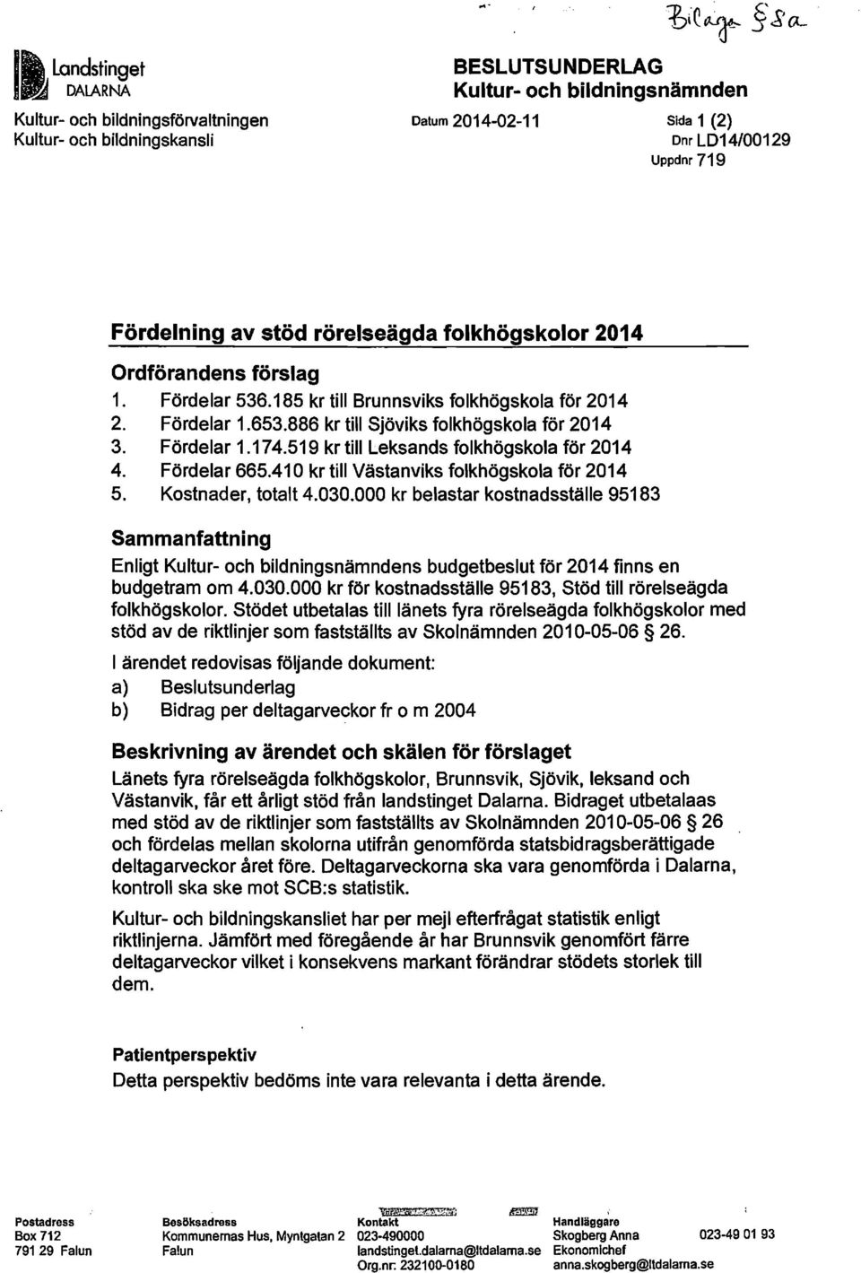 519 kr till Leksands folkhögskola för 2014 4. Fördelar 665.410 kr till Västanviks folkhögskola för 2014 5. Kostnader, totalt 4.030.