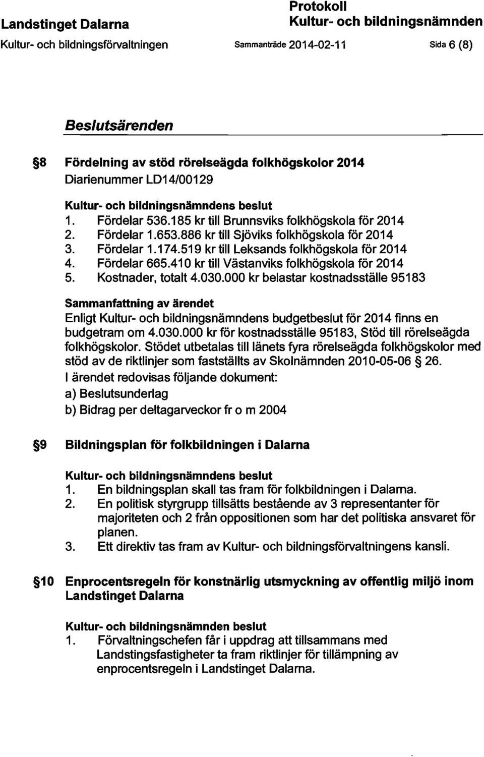 Fördelar 665.410 kr till Västanviks folkhögskola för 2014 5. Kostnader, totalt 4.030.