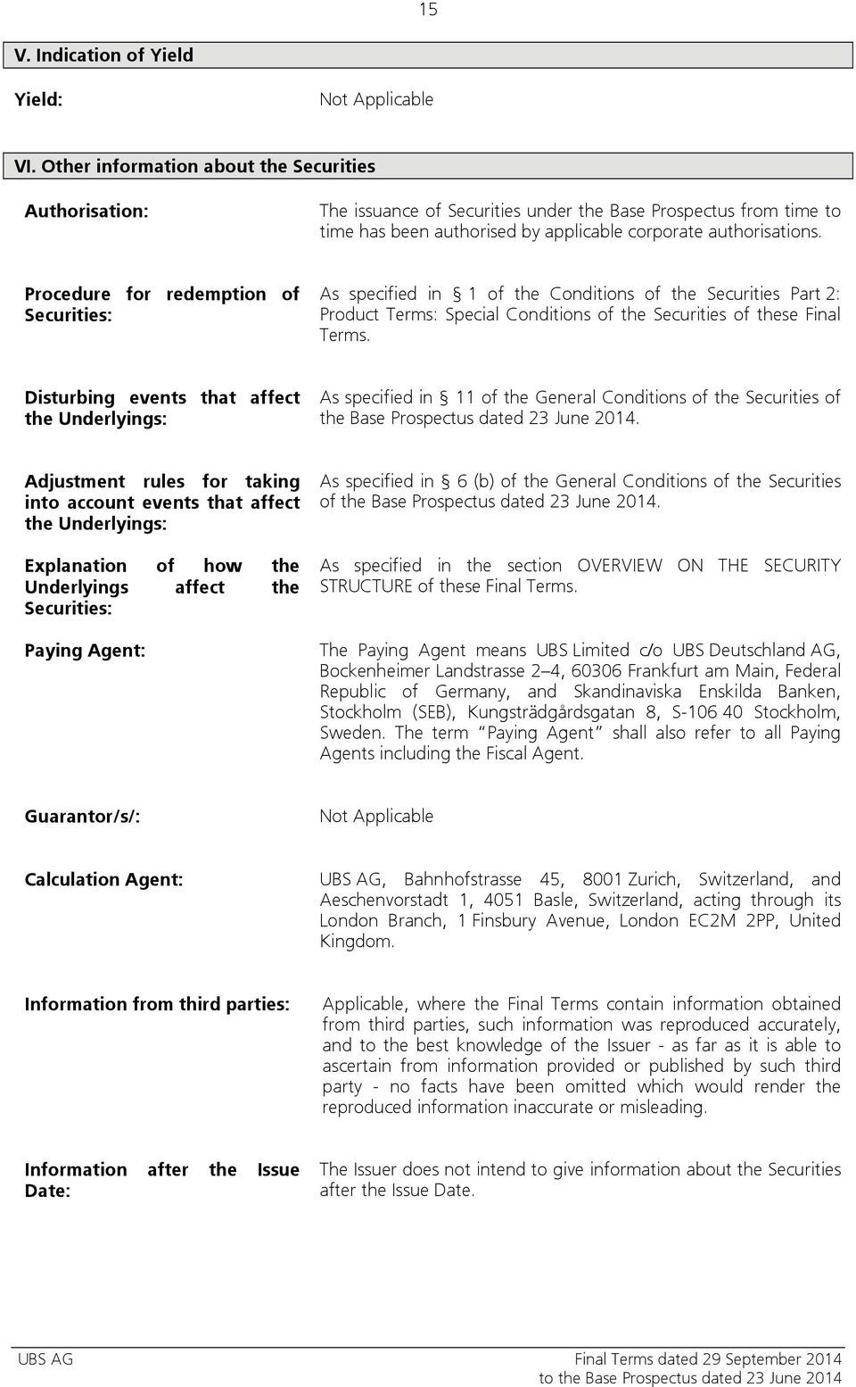 Procedure for redemption of Securities: As specified in 1 of the Conditions of the Securities Part 2: Product Terms: Special Conditions of the Securities of these Final Terms.