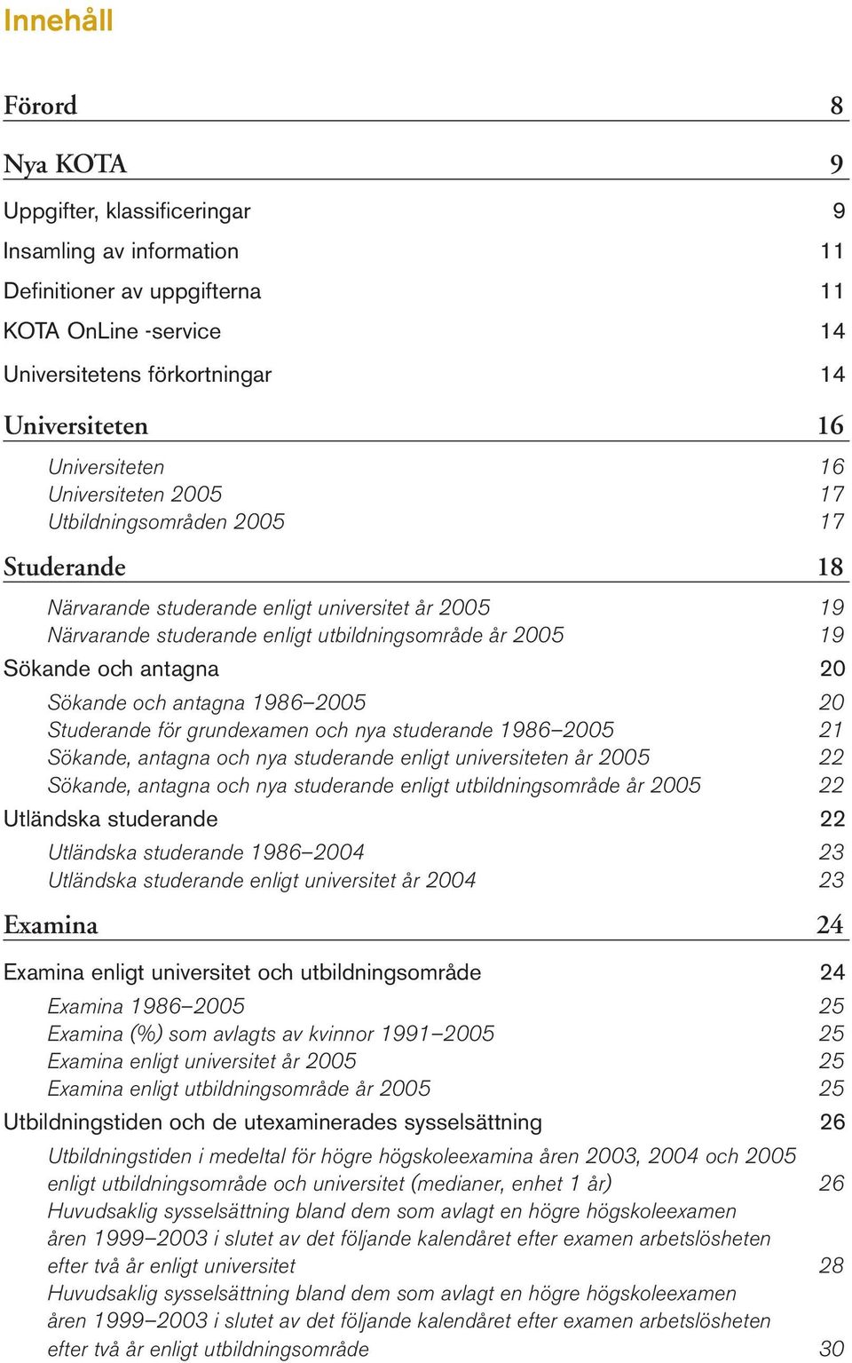 och antagna 20 Sökande och antagna 1986 2005 20 Studerande för grundexamen och nya studerande 1986 2005 21 Sökande, antagna och nya studerande enligt universiteten år 2005 22 Sökande, antagna och nya