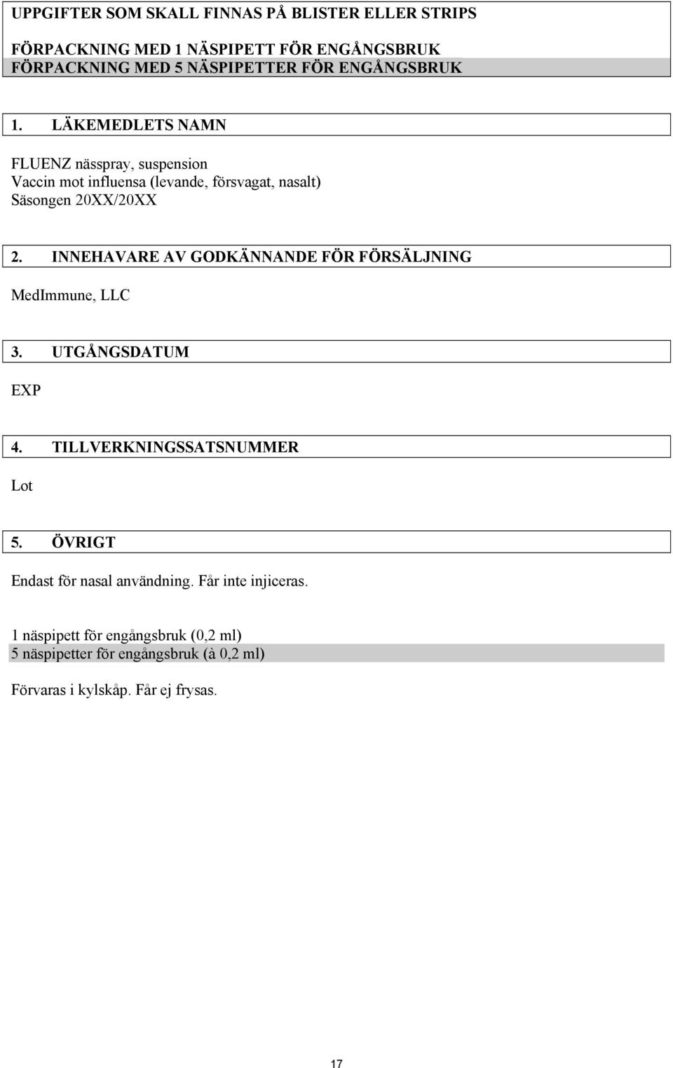 INNEHAVARE AV GODKÄNNANDE FÖR FÖRSÄLJNING MedImmune, LLC 3. UTGÅNGSDATUM EXP 4. TILLVERKNINGSSATSNUMMER Lot 5.