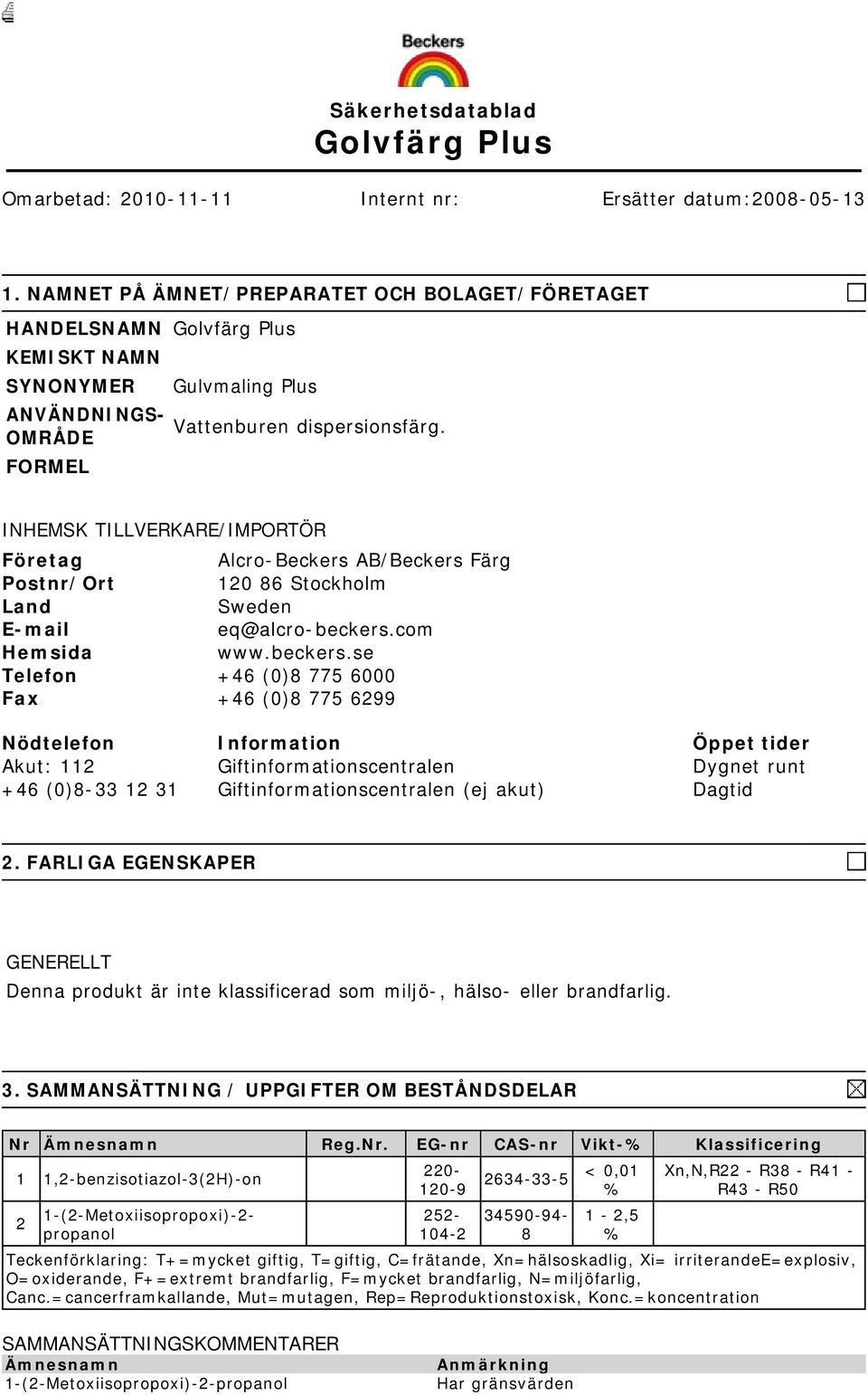 INHEMSK TILLVERKARE/IMPORTÖR Företag Alcro-Beckers AB/Beckers Färg Postnr/Ort 120 86 Stockholm Land Sweden E-mail eq@alcro-beckers.