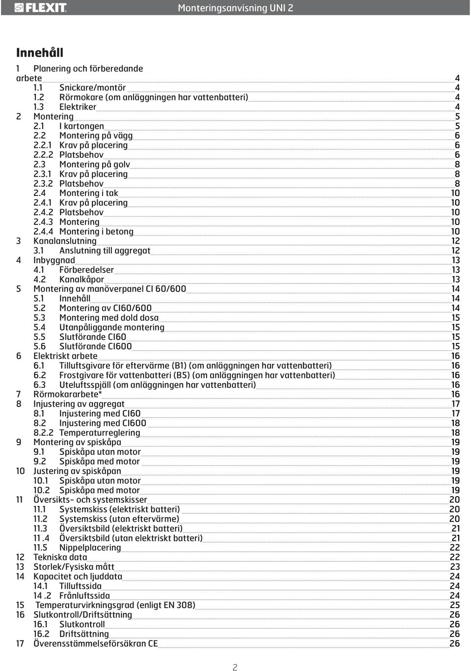 1 Anslutning till aggregat 12 4 Inbyggnad 13 4.1 Förberedelser 13 4.2 Kanalkåpor 13 5 Montering av manöverpanel CI 60/600 14 5.1 Innehåll 14 5.2 Montering av CI60/600 14 5.