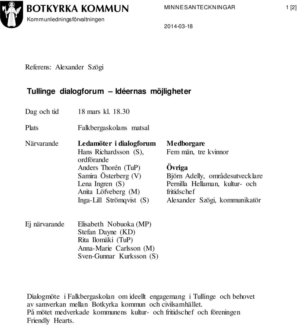 30 Plats Falkbergaskolans matsal Närvarande Ledamöter i dialogforum Medborgare Hans Richardsson (S), ordförande Anders Thorén (TuP) Samira Österberg (V) Lena Ingren (S) Anita Löfveberg (M) Inga-Lill