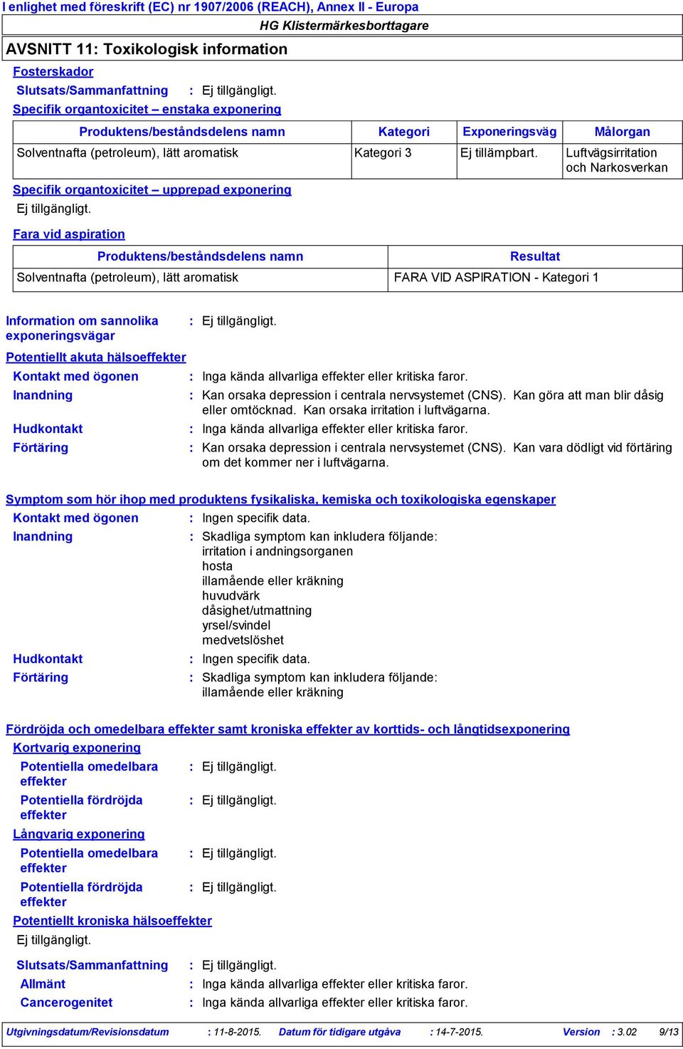 Luftvägsirritation och Narkosverkan Solventnafta (petroleum), lätt aromatisk FARA VID ASPIRATION - Kategori 1 Information om sannolika exponeringsvägar Potentiellt akuta hälsoeffekter Kontakt med