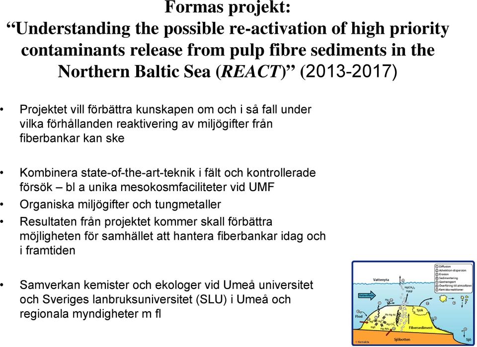 och kontrollerade försök bl a unika mesokosmfaciliteter vid UMF Organiska miljögifter och tungmetaller Resultaten från projektet kommer skall förbättra möjligheten för