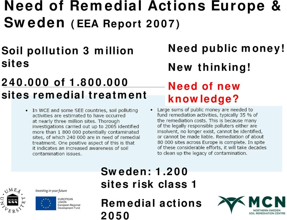 000 sites remedial treatment Need public money! New thinking!