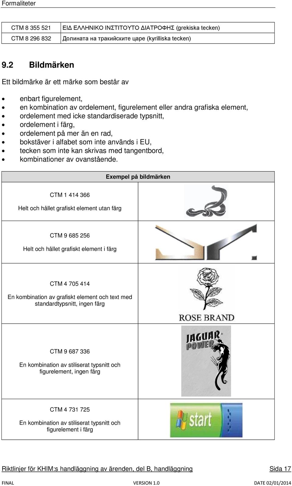 ordelement i färg, ordelement på mer än en rad, bokstäver i alfabet som inte används i EU, tecken som inte kan skrivas med tangentbord, kombinationer av ovanstående.