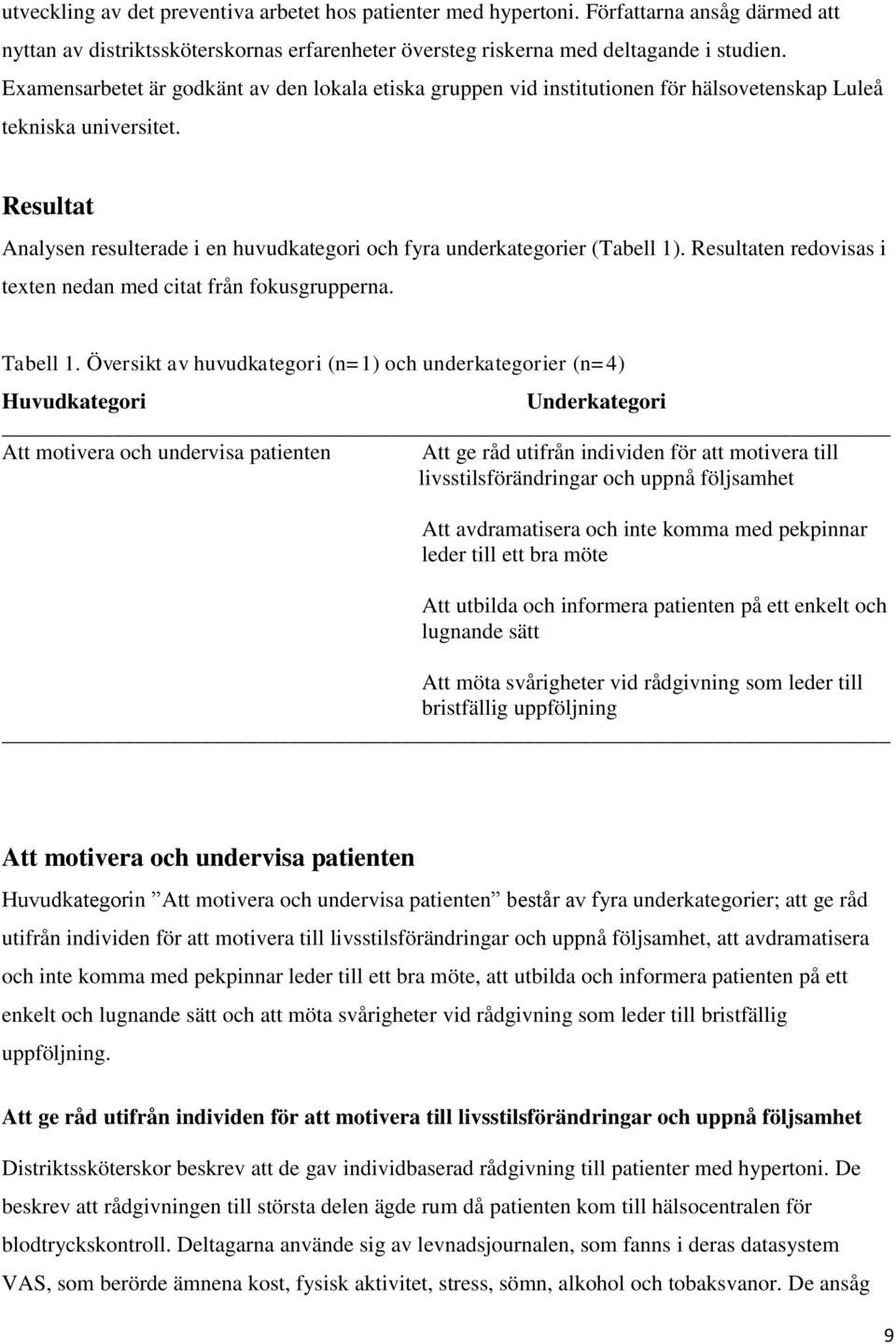 Resultat Analysen resulterade i en huvudkategori och fyra underkategorier (Tabell 1). Resultaten redovisas i texten nedan med citat från fokusgrupperna. Tabell 1.