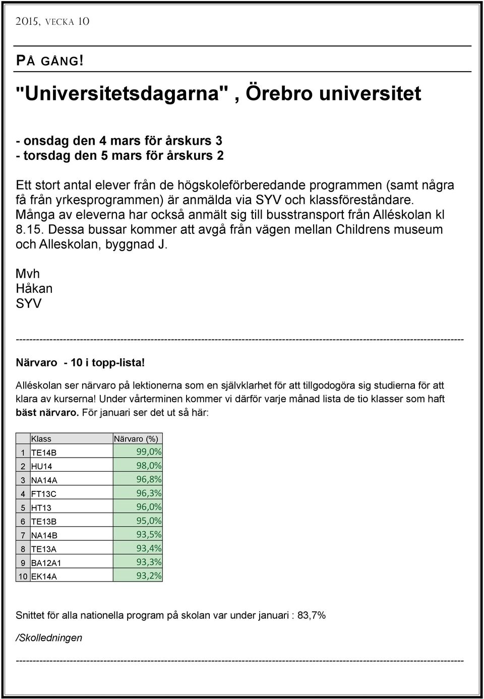 yrkesprogrammen) är anmälda via SYV och klassföreståndare. Många av eleverna har också anmält sig till busstransport från Alléskolan kl 8.15.